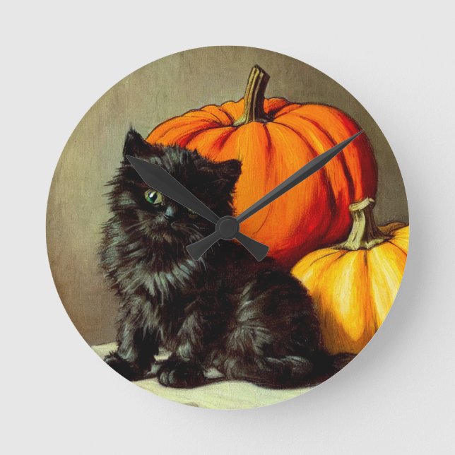 Vintage Halloween Black Cat and Pumpkins Round Clock (Front)