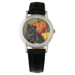 Vintage Halloween Black Cat and Pumpkins Watch