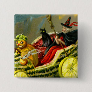 Vintage Halloween Black Cat and Witch 2 Inch Square Button