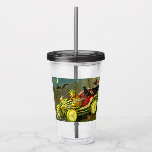 Vintage Halloween Black Cat and Witch Acrylic Tumbler