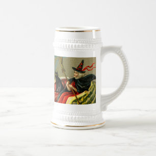 Vintage Halloween Black Cat and Witch Beer Stein