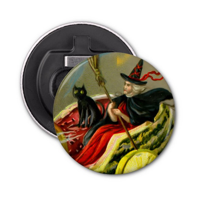 Vintage Halloween Black Cat and Witch Bottle Opener (Front)
