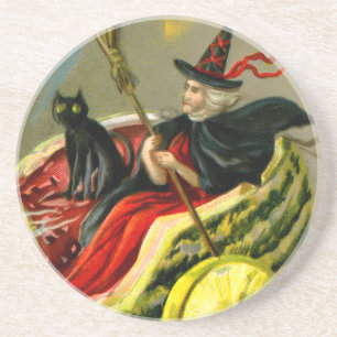 Vintage Halloween Black Cat and Witch Coaster