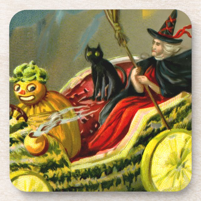 Vintage Halloween Black Cat and Witch Coaster (Front)