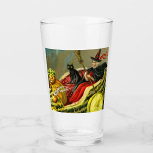 Vintage Halloween Black Cat and Witch Glass