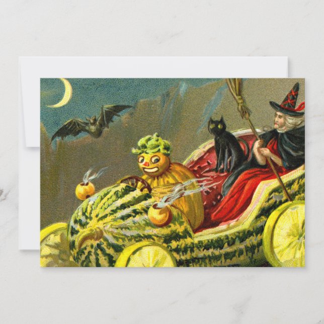 Vintage Halloween Black Cat and Witch Holiday Card (Front)
