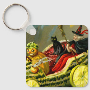 Vintage Halloween Black Cat and Witch Keychain