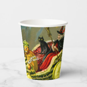 Vintage Halloween Black Cat and Witch Paper Cups