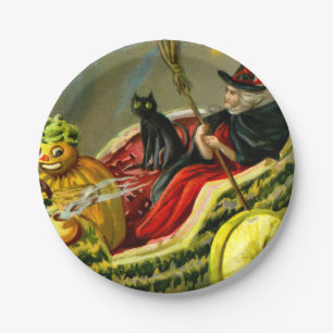 Vintage Halloween Black Cat and Witch Paper Plate