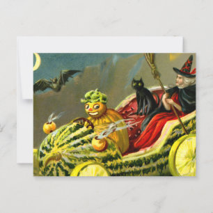 Vintage Halloween Black Cat and Witch Postcard