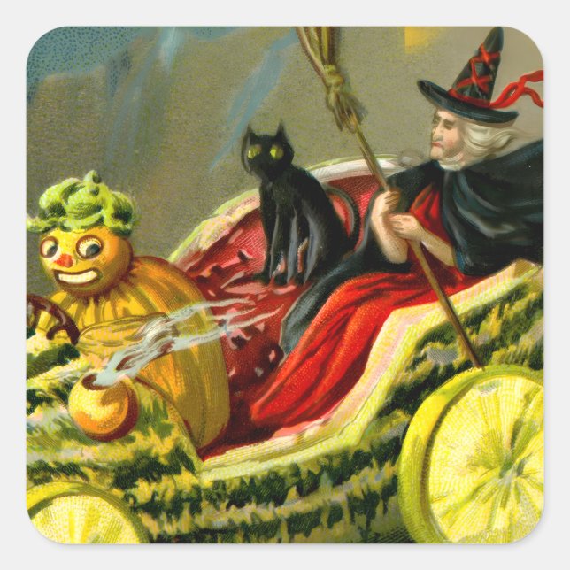 Vintage Halloween Black Cat and Witch Square Sticker (Front)