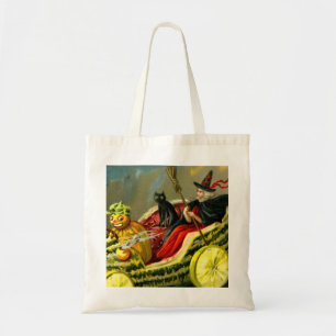 Vintage Halloween Black Cat and Witch Tote Bag