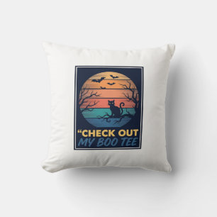 Vintage Halloween Black Cat Boo Tee Shirt Design_1 Throw Pillow