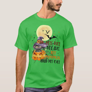 Vintage Halloween Black Cat Costume Witch Hat Moon T-Shirt