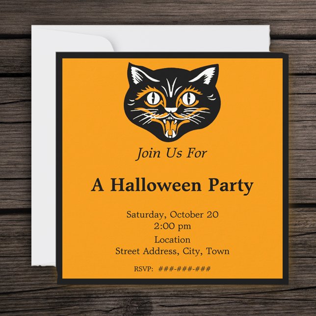 Vintage Halloween Black Cat Face Party Invitation (Black cat vintage Halloween face on orange and black Halloween party invitation.)