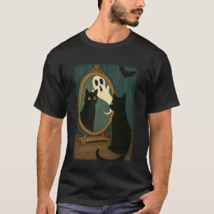 Vintage Halloween Black Cat Ghost in Mirror Cat Lo T-Shirt
