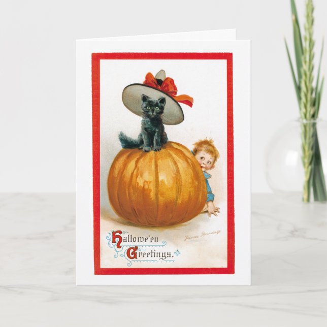 Vintage Halloween Black Cat Greeting Card (Front)