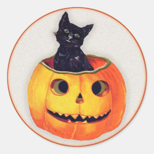 Vintage Halloween - Black Cat in a Jack O'Lantern Classic Round Sticker