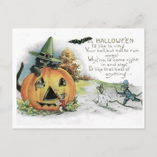 Vintage Halloween Black Cat Mice Mouse Postcard (Front)