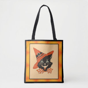 Vintage Halloween Black Cat - Orange Witch Hat  Tote Bag