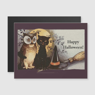 Vintage Halloween Black Cat & Owl Witch Hat Moon