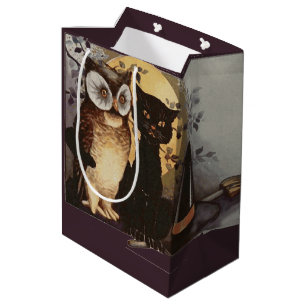 Vintage Halloween Black Cat & Owl Witch Hat Moon Medium Gift Bag