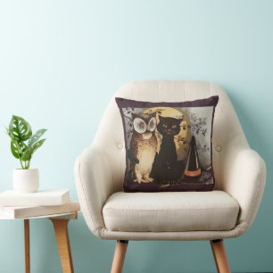 Vintage Halloween Black Cat & Owl Witch Hat Moon Throw Pillow