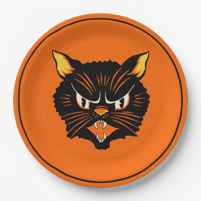 Vintage Halloween Black Cat Plate (Front)