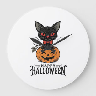Vintage Halloween Black Cat Pumpkin Shirt Design_1 Large Clock