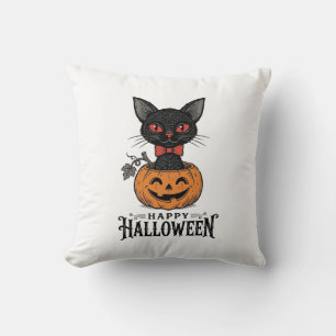 Vintage Halloween Black Cat Pumpkin Shirt Design_1 Throw Pillow