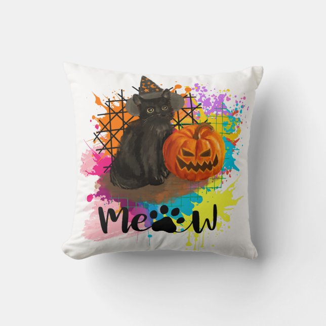 Vintage Halloween Black Cat Throw Pillow (Front)