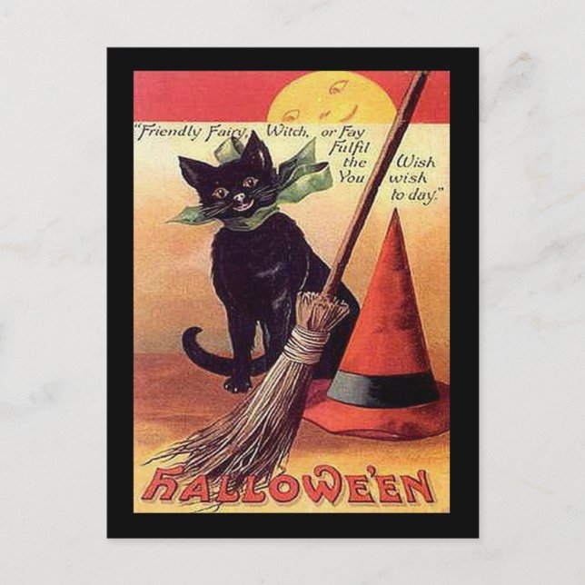Vintage Halloween Black Cat Witch Card (Front)