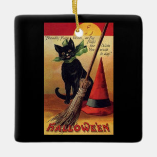 Vintage Halloween Black Cat, Witch's Broom and Hat Ceramic Ornament