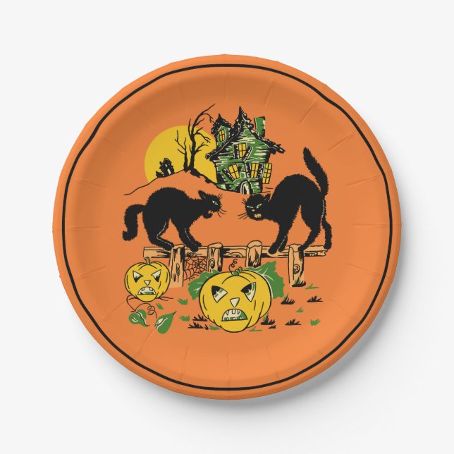 Vintage Halloween Black Cats & Haunted House Paper Plate (Front)