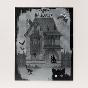 Vintage Halloween Black Cats Witch and Bats Jigsaw Puzzle
