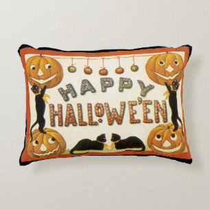Vintage Halloween, Black Cats with Jackolanterns Accent Pillow