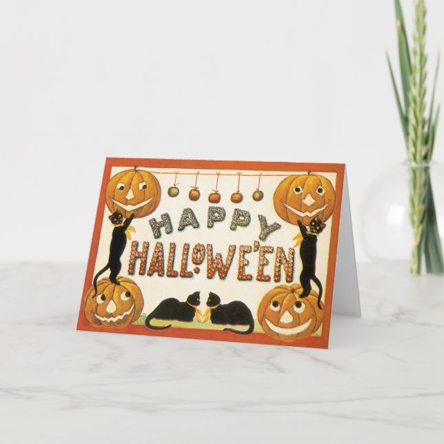 Vintage Halloween, Black Cats with Jackolanterns Card (Front)