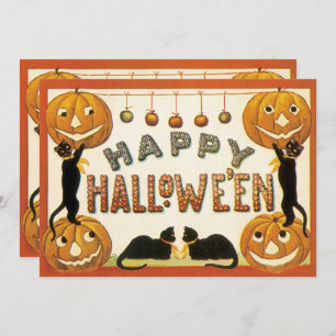 Vintage Halloween, Black Cats with Jackolanterns Invitation
