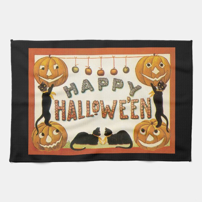 Vintage Halloween, Black Cats with Jackolanterns Kitchen Towel (Horizontal)