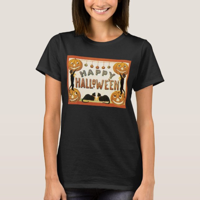 Vintage Halloween, Black Cats with Jackolanterns T-Shirt (Front)