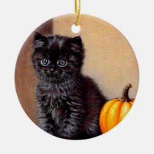 Vintage Halloween Black Kitten Illustration Ceramic Ornament