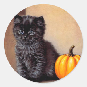 Vintage Halloween Black Kitten Illustration Classic Round Sticker