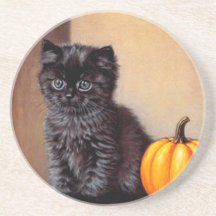 Vintage Halloween Black Kitten Illustration Coaster