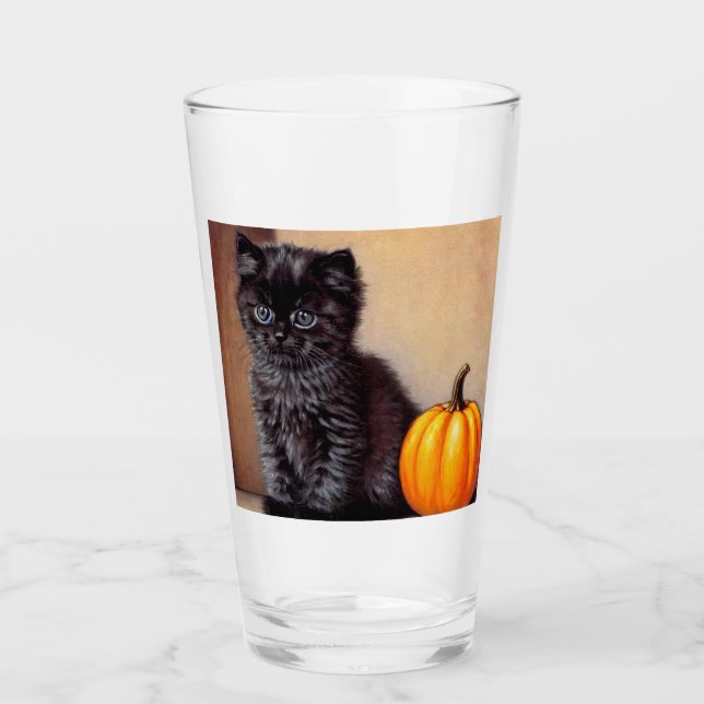 Vintage Halloween Black Kitten Illustration Glass (Front)