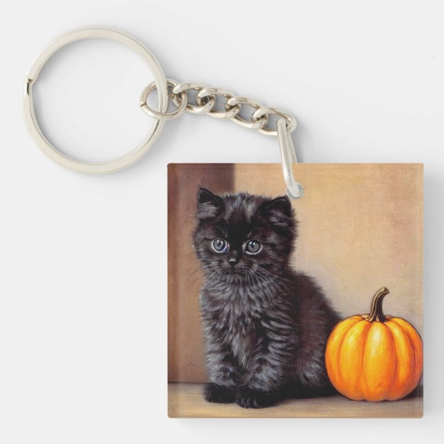 Vintage Halloween Black Kitten Illustration Keychain (Front)
