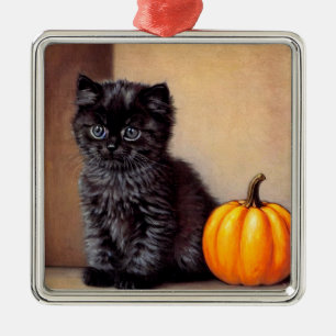 Vintage Halloween Black Kitten Illustration Metal Ornament