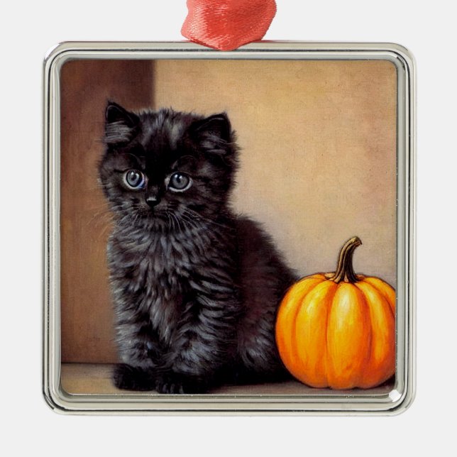 Vintage Halloween Black Kitten Illustration Metal Ornament (Front)
