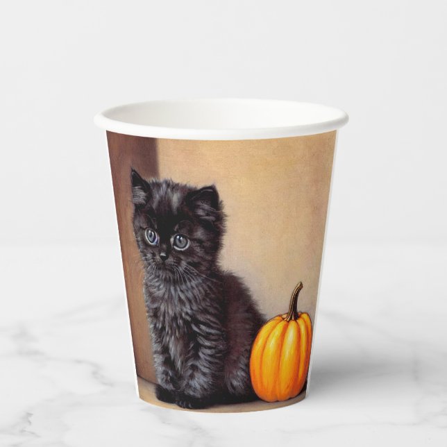 Vintage Halloween Black Kitten Illustration Paper Cups (Front)