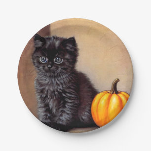 Vintage Halloween Black Kitten Illustration Paper Plate