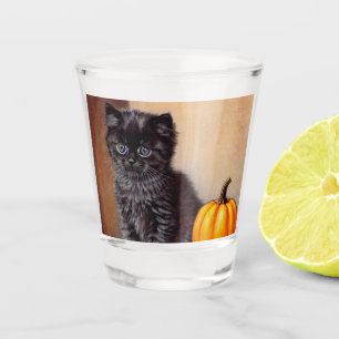 Vintage Halloween Black Kitten Illustration Shot Glass